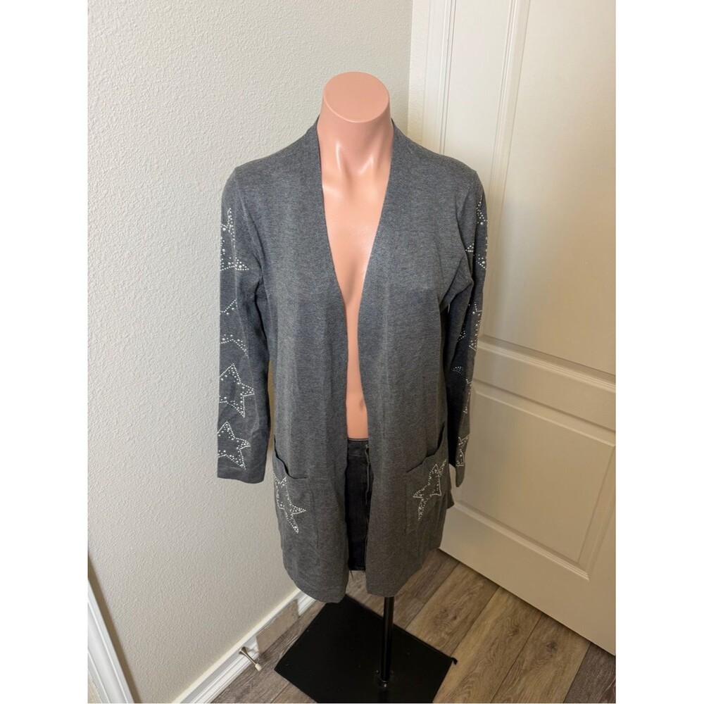 NWT 80 Park Gray Open Front Cardigan with Rhinestone Star Accents Sz M